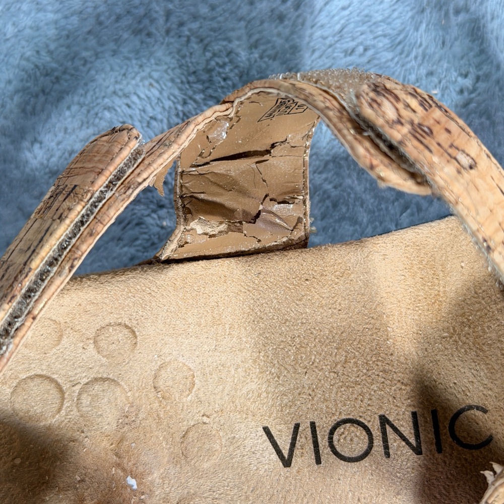 Vionic Strappy Sandals Women Size 10 Tan Cork Gold Fleck Orthotic Comfort 3432 - Picture 8 of 10